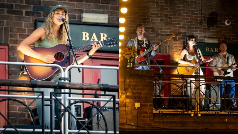 Composite image showing a woman playing a guitar on a stage and a trio of musicians singing and playing instruments