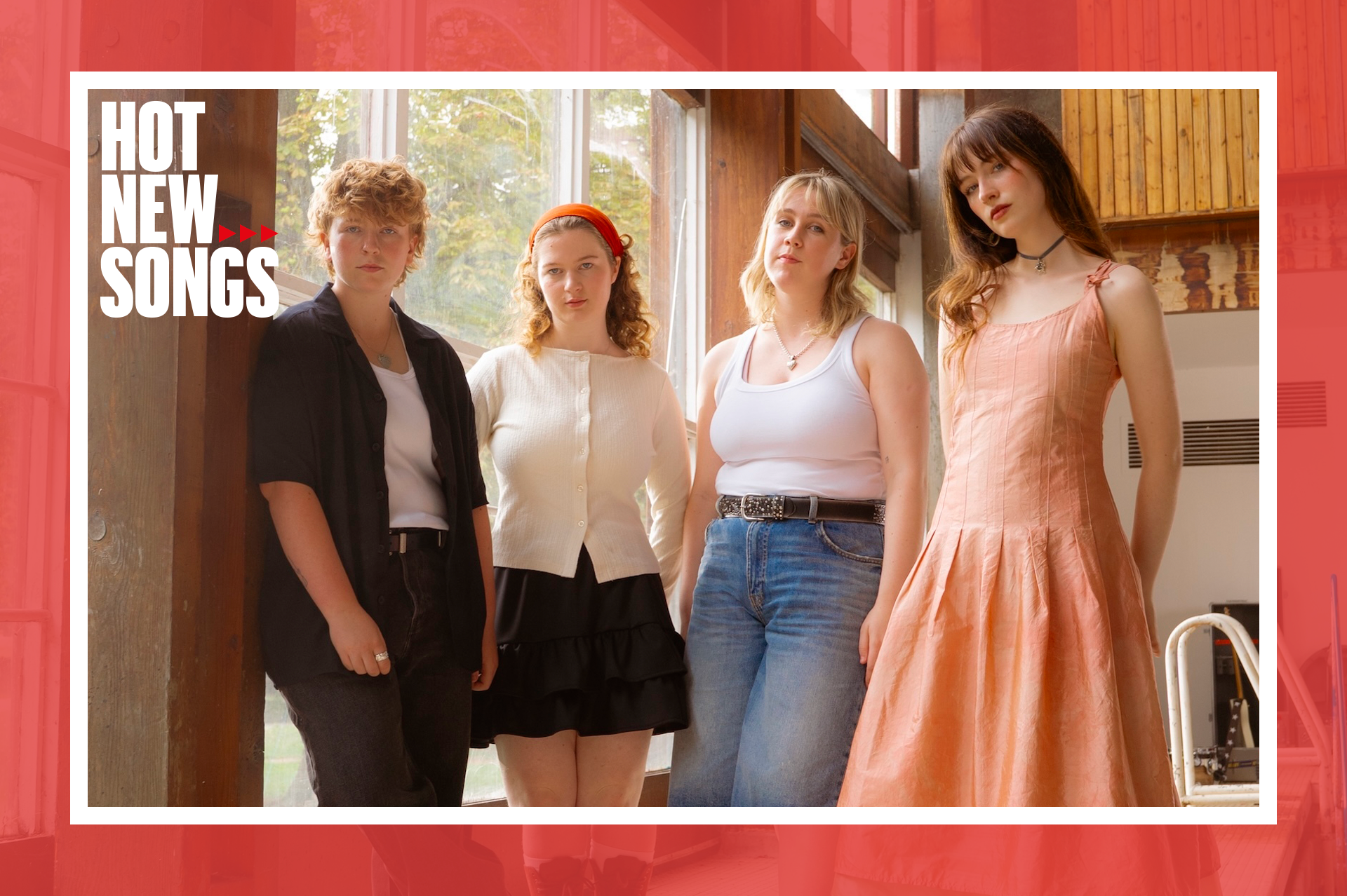 The band Florence Road standing side-by-side alongside the Rolling Stone UK Hot New Songs logo