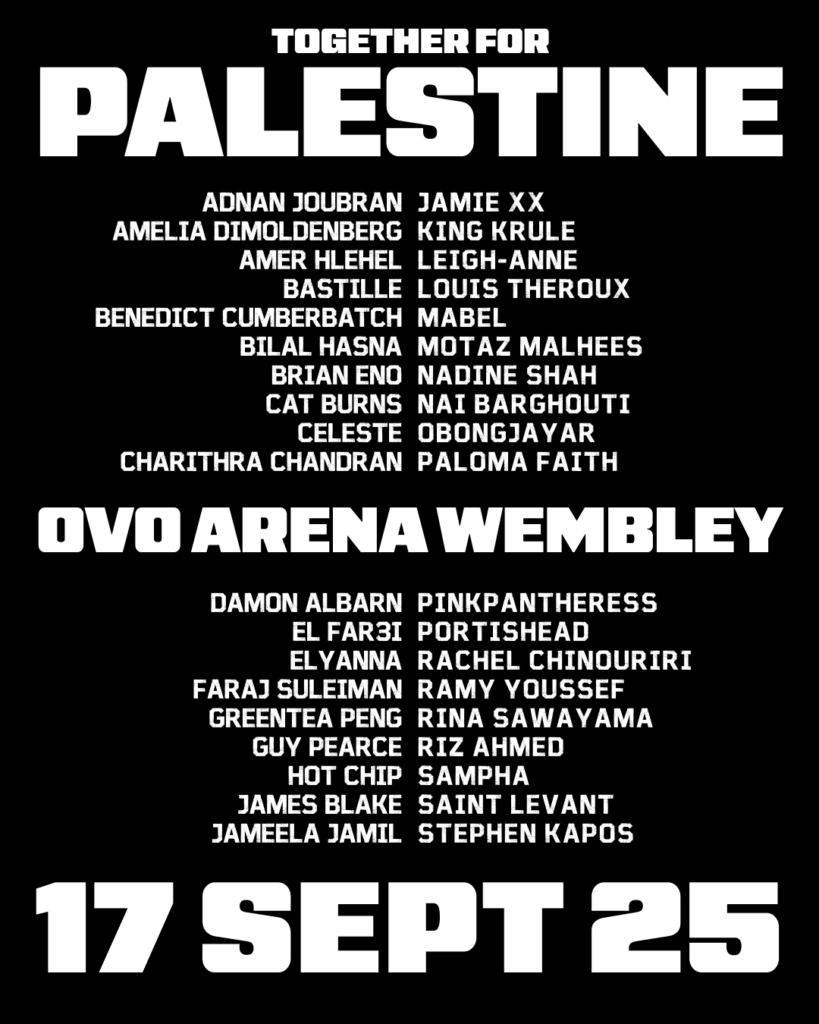 The black-and-white line-up poster for Together For Palestine