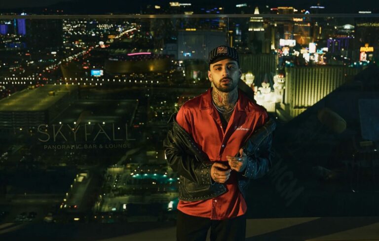 Zayn stands in front of the Las Vegas skyline
