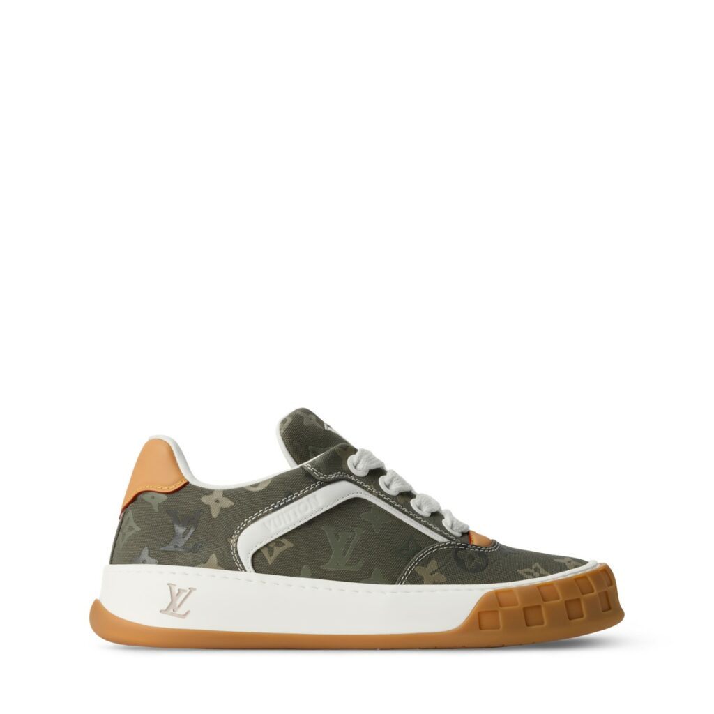 A product shot of the Louis Vuitton Monogram Surplus Tilted Trainer