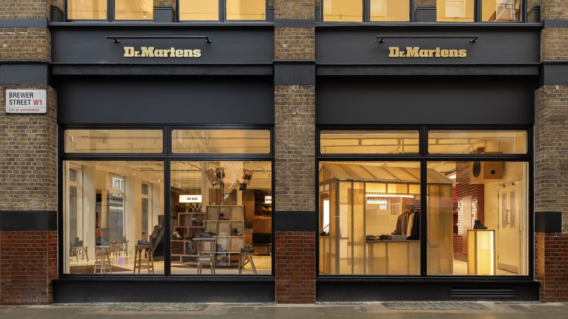 The shop front of the new Dr. Martens UK flagship location on Brewer Street in London's Soho.
