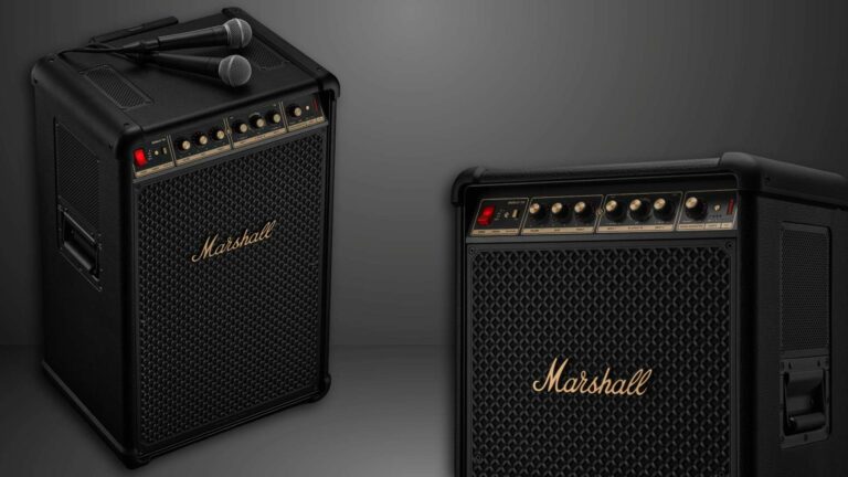 A Marshall Bromley 750 speaker shown from two angles on a grey backdrop