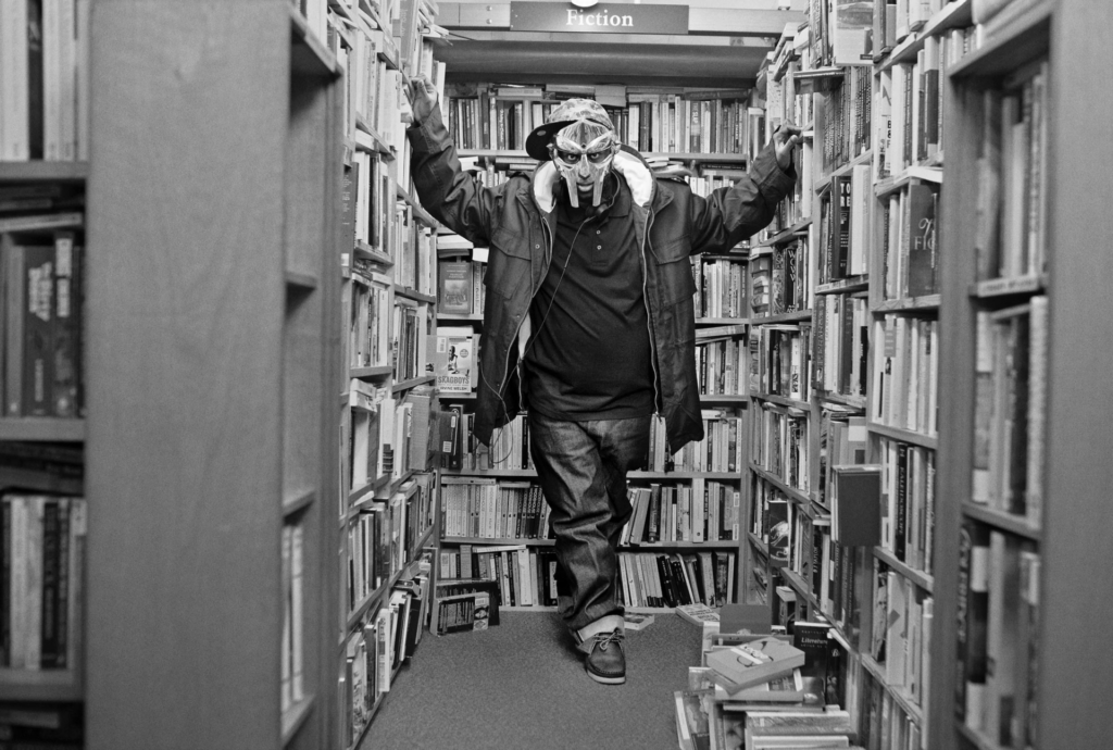 MF DOOM wearing his Clarks Originals collaboration, the Wallabee Doom, at Skoob Books, Bloomsbury, London, 2014