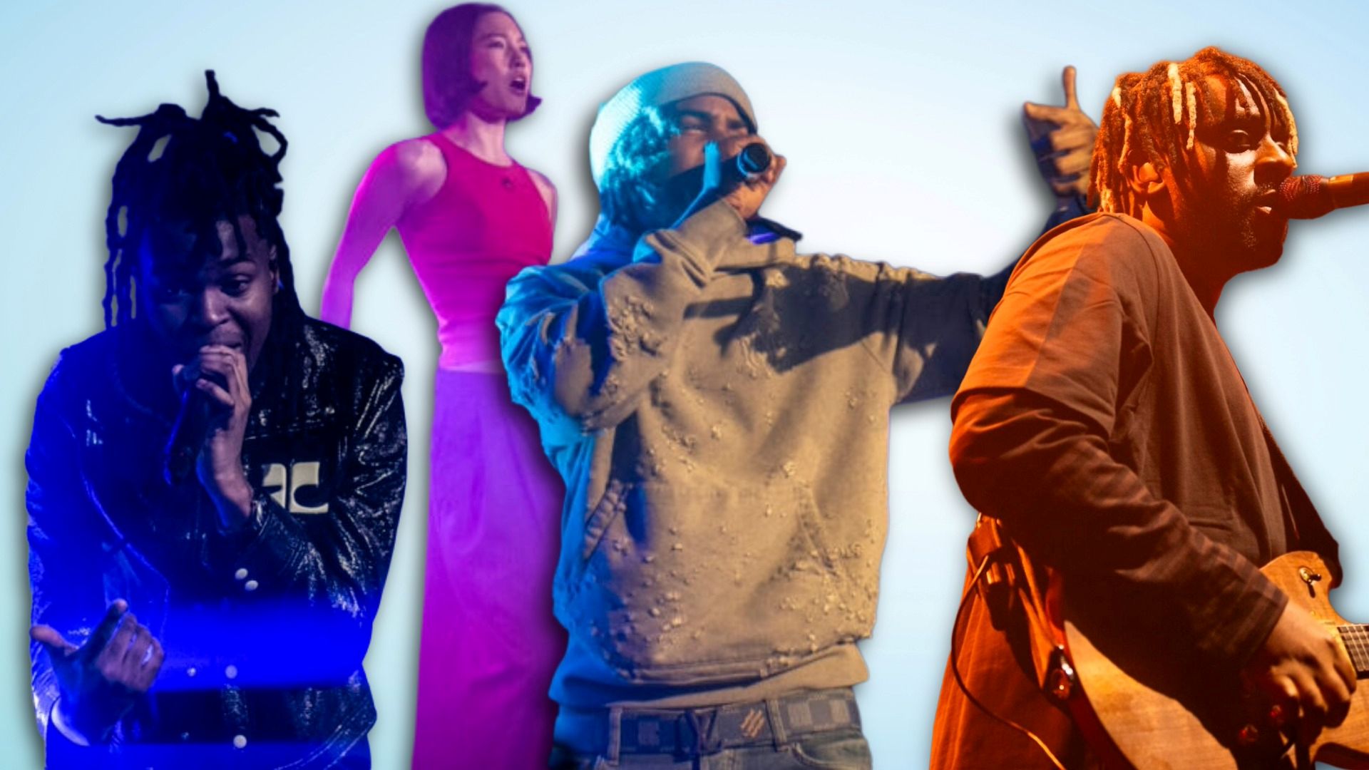 A collage of performers singing against a colourful backdrop