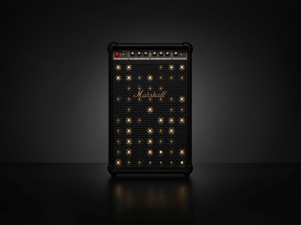 A front view of the Marshall Bromley 750 showing LED lights on the grille