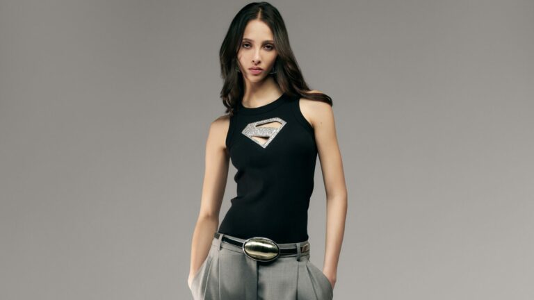 Yasmin Wijnaldum models the David Koma pre-fall 2026 collection in collaboration with Supergirl Warner Bros.