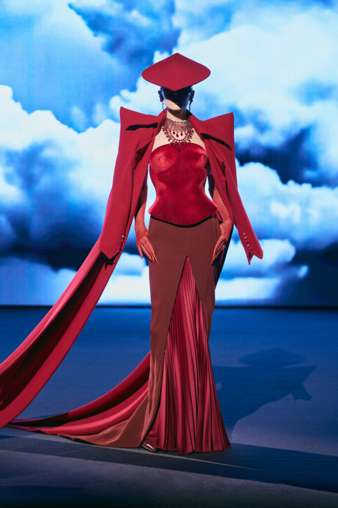 Robert Wun Spring/Summer 2026 sculptural couture design in crimson red