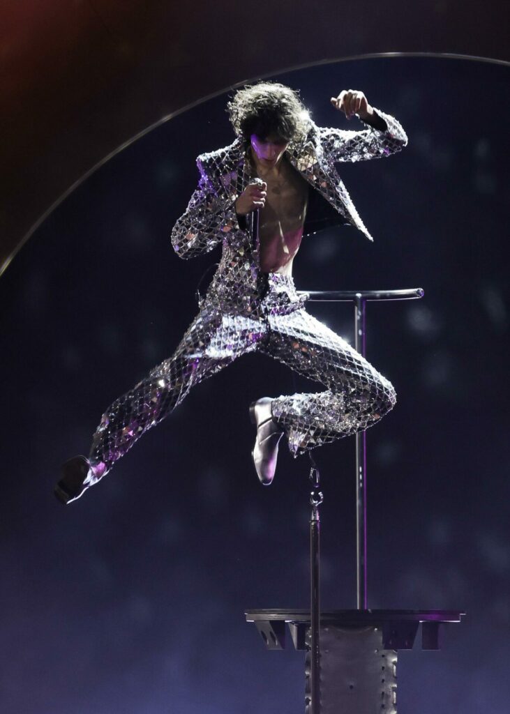 Sombr wears custom Valentino while performing at the 68th Grammy Awards