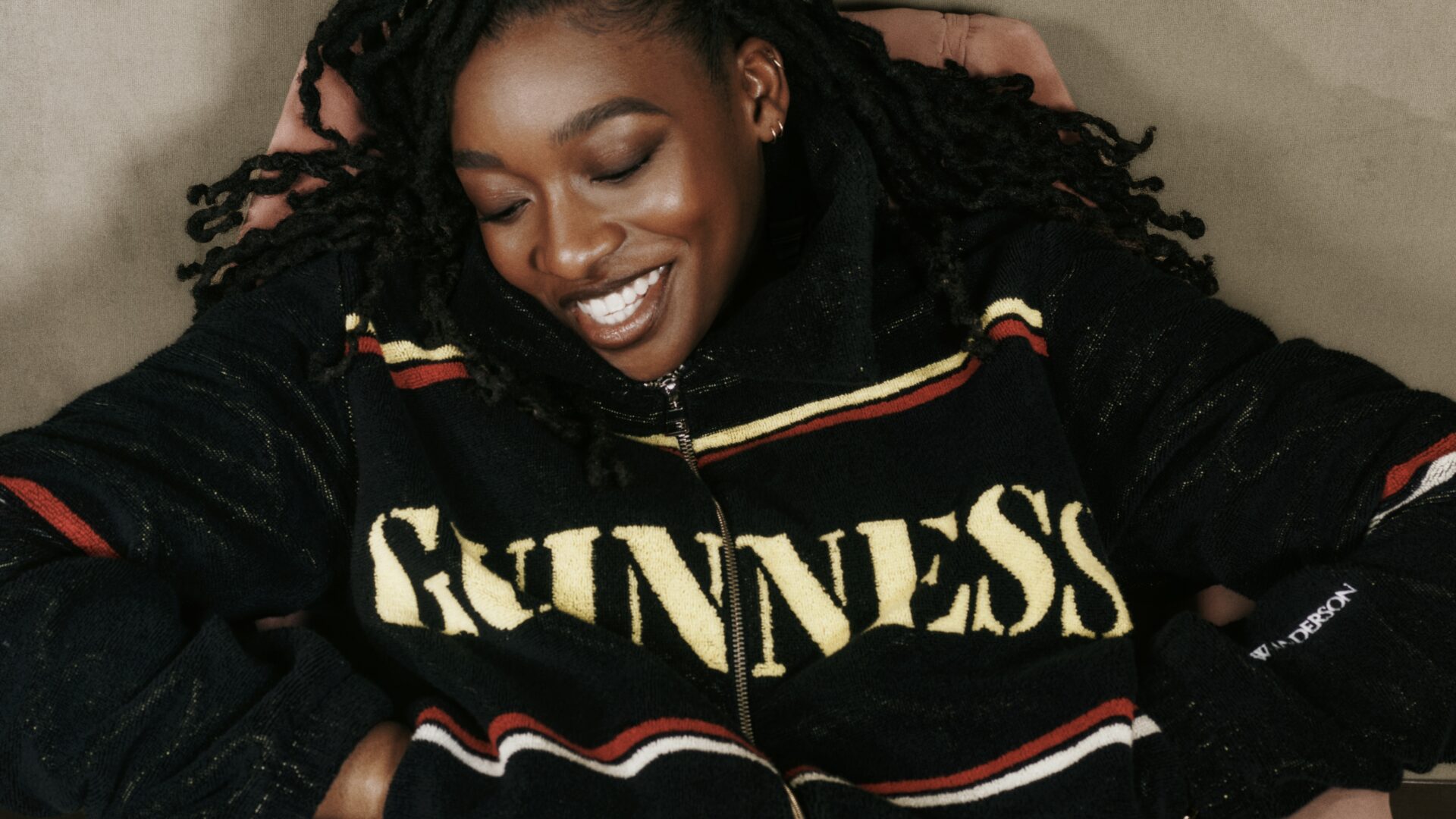 Musician Little Simz in the campaign for JW Anderson x Guinness collaboration