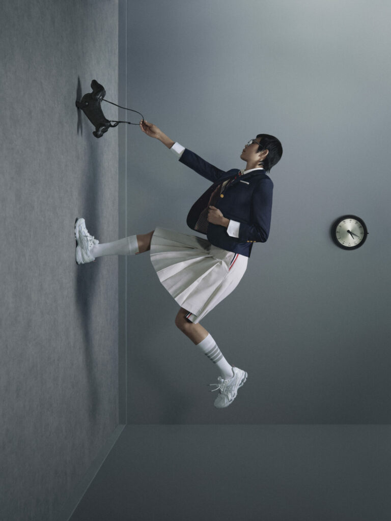 Campaign imagery of the Thom Browne x ASICS Gel-Kayano 14 collaboration