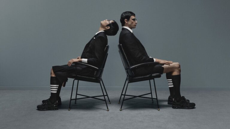 Campaign imagery of the Thom Browne x ASICS Gel-Kayano 14 collaboration