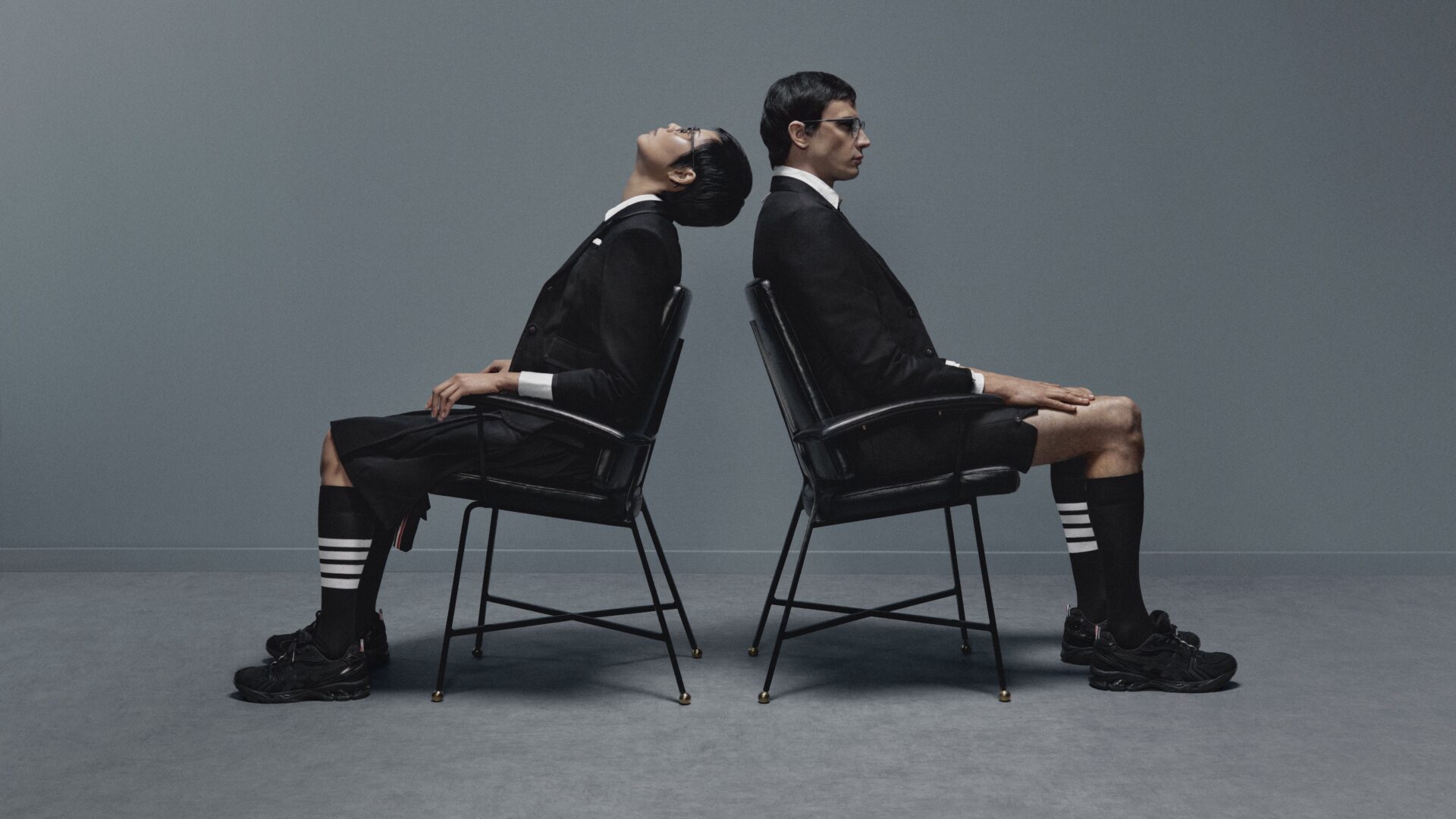 Campaign imagery of the Thom Browne x ASICS Gel-Kayano 14 collaboration