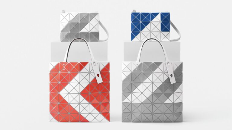 lifestyle shot of the Bao Bao Issey Miyake SIGN collection of tote bags featuring road sign inspired graphics